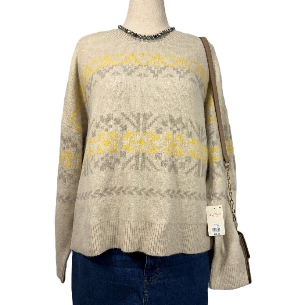 NWT Lucky Brand Fair Isle Sweater Womens XL Cream Yellow Gray Soft Knit Pullover